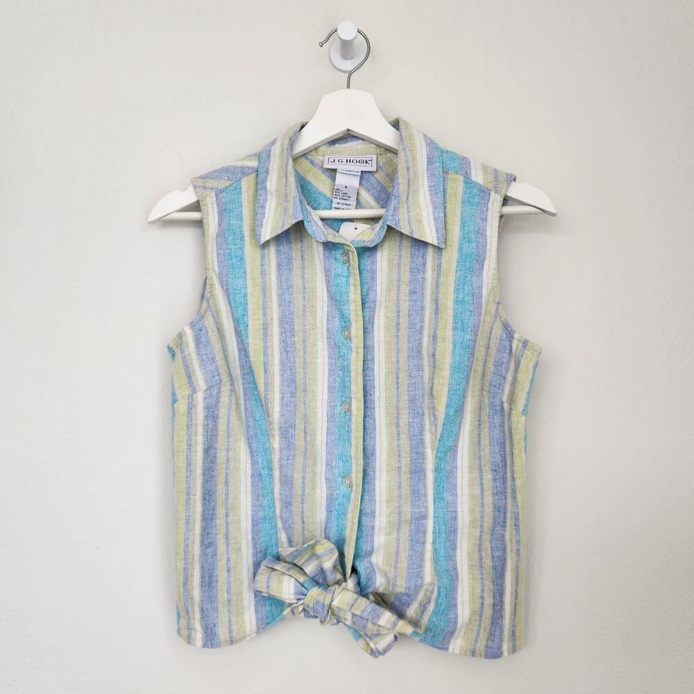 Vintage JG Hook Pastel Green Blue Purple Striped Linen Blend Button Down Top S